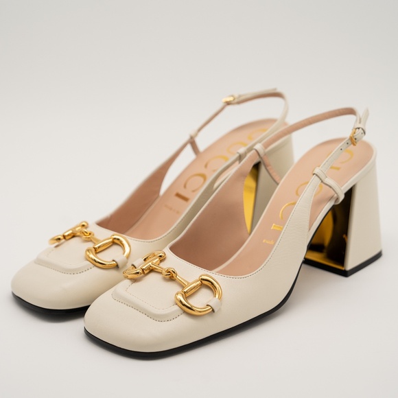 41.5eu 11.5 us Gucci 1955 Horsebit Leather Slingback Sandals White Gold 75mm - Picture 1 of 12